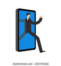 Businessman run away smartphone. Man go Offline. Concept stop online. Escape from internet
