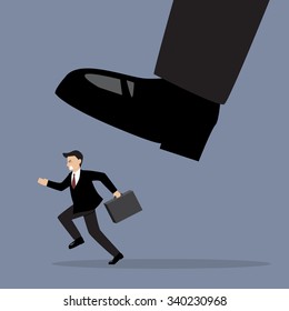 Businessman Run Away From Stomping Foot. Business Concept