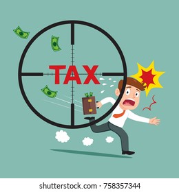 Businessman run away from tax shooting, illustration vector cartoon