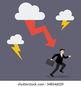 Businessman run away from thunderstorm. Business concept