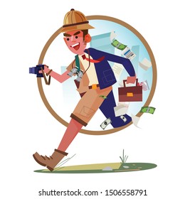 businessman run away from working life to explorer life - vector illustration