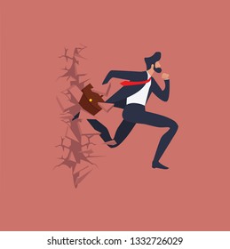 businessman run Breaking the wall