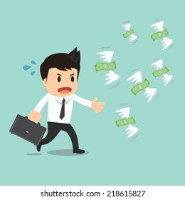 Businessman run to catch fly money vector illustration 