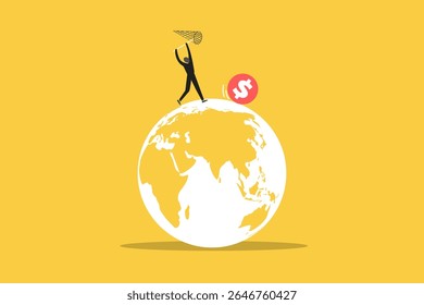 Businessman run chasing try to catch dollar coin. concept of grab hot ETFs, high performance and mutual fund