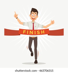 Businessman Run Cross The Finish Line With Word Finish Cartoon Illustration 