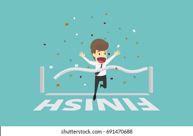 Businessman run cross the finish line.Business young cartoon happiness of success concept is man character.View businessman emotions moving include icon of man.Vector Illustration