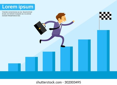 Businessman Run Financial Bar Graph Cartoon Business Man Climbing Growth Chart Flat Vector Illustration