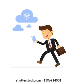 Businessman run to find Wifi