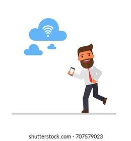 Businessman run to find Wifi.
