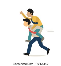 Businessman run forward with piggyback ride on his partner back, cartoon character flat design, isolated on white.  