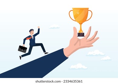 Businessman run with full effort to reach trophy cup in giant hand, motivation to achieve goal, reward or prize to motivate employee to succeed in work, effort and ambition to reach target (Vector)