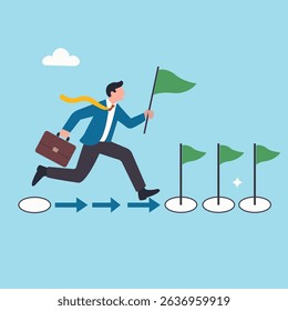Businessman run to grab completed milestone success flag. Milestone or roadmap achievement, business success journey, progress to reach goal, motivation to accomplishment, aspiration concept.