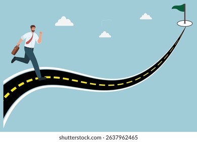 A businessman run to grab completed milestone success flag