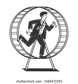 Businessman run in the hamster wheel sketch engraving vector illustration. Metaphor of useless work. T-shirt apparel print design. Scratch board style imitation. Black and white hand drawn image. svg