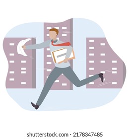 Businessman run holding a lot of documents in his hands. Concept of busy businessman. Vector illustration.