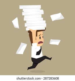 Businessman run holding a lot of documents in his hands. vector