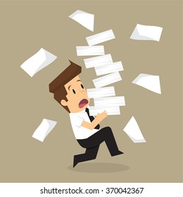 Businessman run holding a lot of documents in his hands. vector