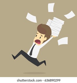 Businessman run holding a lot of documents in his hands.VECTOR