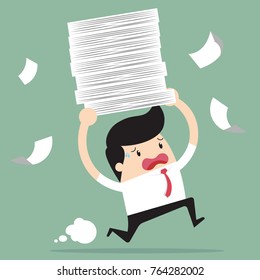 Businessman run holding a lot of documents in his hands. vector