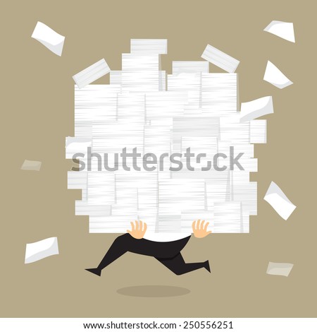 Businessman run holding a lot of documents in his hands.vector