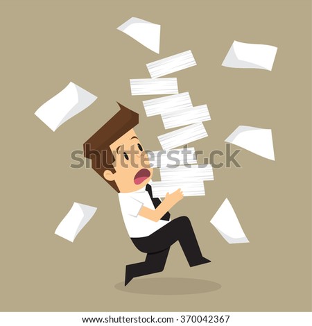 Businessman run holding a lot of documents in his hands. vector