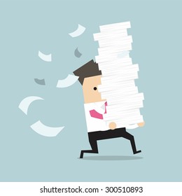 Businessman run holding a lot of papers in his hands