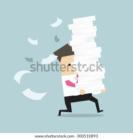 Businessman run holding a lot of papers in his hands