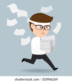 Businessman run holding a lot pile of paper, business concept, vector 10
