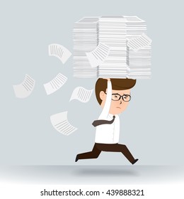 Businessman run holding a lot pile of paper, Business Concept