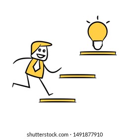 businessman run up to light bulb yellow stick figure design