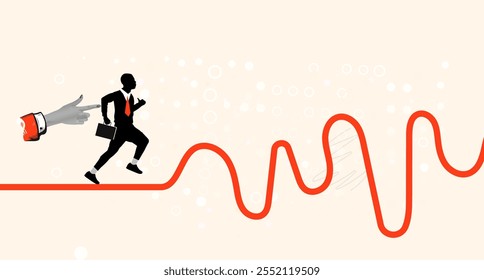 Businessman run to new challenge rough road ahead, risk and uncertain, difficulty or problem solving and success concept - Collage Art Vector illustration