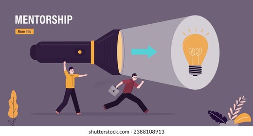 Businessman run to new idea or opportunity. Mentor use giant flashlight illuminating light bulb. Mentorship, landing page. Right direction of company development, pitching ideas, brainstorming. vector