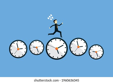 Businessman run on clock that shows multiple periods of time, Vector illustration in flat style