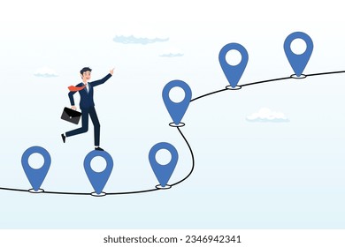 Businessman run on milestone location pin on business roadmap, roadmap, project milestone or business journey achievement, workflow or process timeline to success, step planning or progress (Vector)