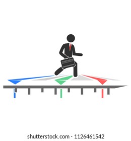 Businessman run on timeline with milestones