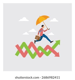 Empresário executado em gráfico volátil com guarda-chuvas, sobrevivendo e prosperando no mercado de ações. Explica como lidar com flutuações do mercado e desafios financeiros. Alcance o conceito-alvo.