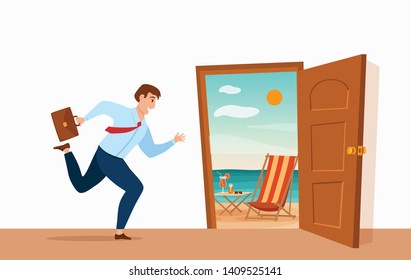 Businessman run to open door with summer sun beach sea vacation landscape in it  vector cartoon concept. Man in suitcase escape from the office work in hurry to emergency exit colorful illustration