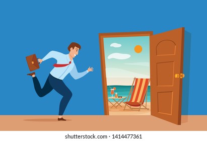 Businessman run to open door with summer sun beach sea vacation landscape in it  vector cartoon concept. Man in suitcase escape from the office work in hurry to emergency exit colorful illustration