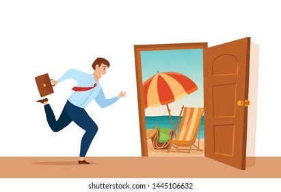 Businessman run to open door with summer sun beach sea vacation landscape in it  vector cartoon concept. Man in suitcase escape from the office work in hurry to emergency exit colorful illustration