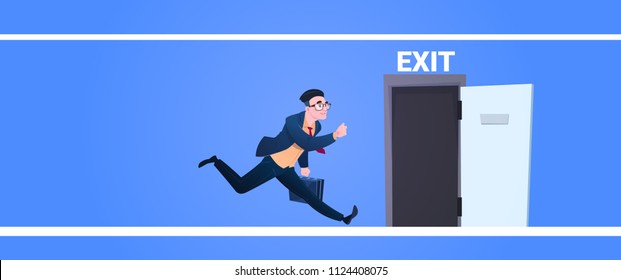 businessman run to open exit door man running from work evacuation sing emergency on blue background flat banner vector illustration