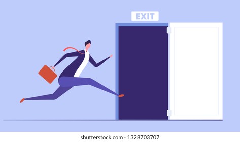 Businessman run to open exit door. Emergency escape and evacuation from office vector business concept