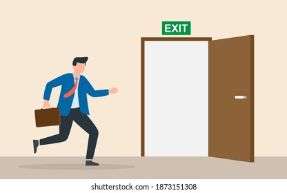 Businessman run to open exit door. Emergency escape and evacuation from office. Vector illustration flat design. Emergency exit.