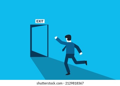 Businessman run to open exit door. Emergency escape and evacuation from office vector business concept.