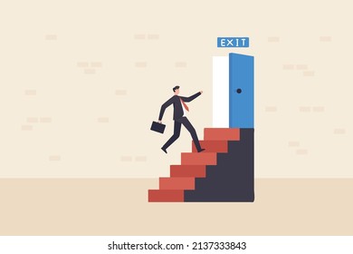 Businessman run to open exit door. Emergency escape and evacuation from office vector business concept.