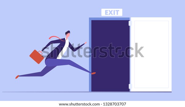 Businessman run to open exit\
door. Emergency escape and evacuation from office vector business\
concept