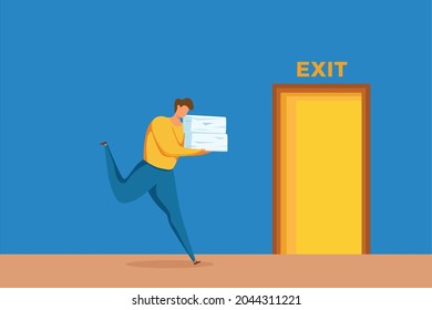 Businessman run overworked to open exit door vector illustration. Cartoon office worker hurry to complete work. deadline concept in cartoon style