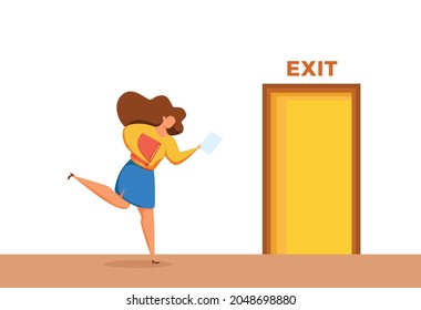 Businessman run overworked to open exit door vector illustration. Cartoon office worker hurry to complete work. deadline concept in cartoon style