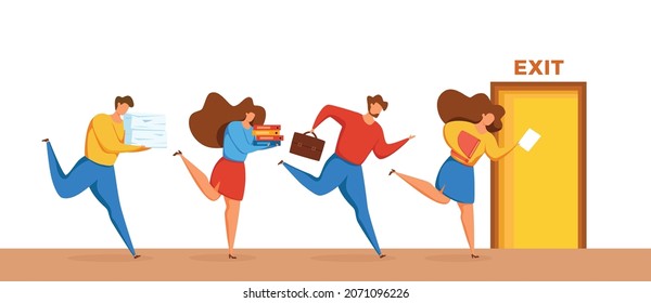 Businessman run overworked to open exit door vector illustration. Cartoon office worker hurry to complete work. deadline concept in cartoon style