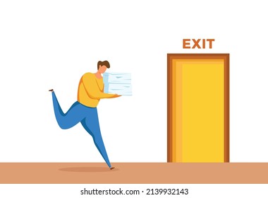 Businessman run overworked to open exit door vector illustration. Cartoon office worker hurry to complete work. deadline concept in cartoon style