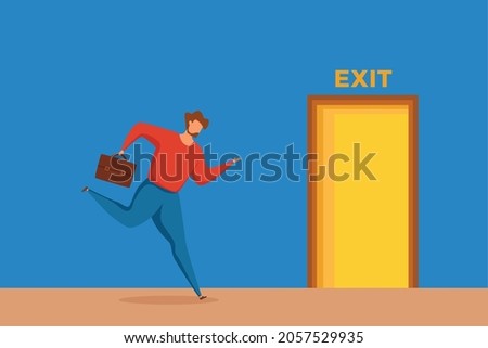 Businessman run overworked to open exit door vector illustration. Cartoon office worker hurry to complete work. deadline concept in cartoon style
